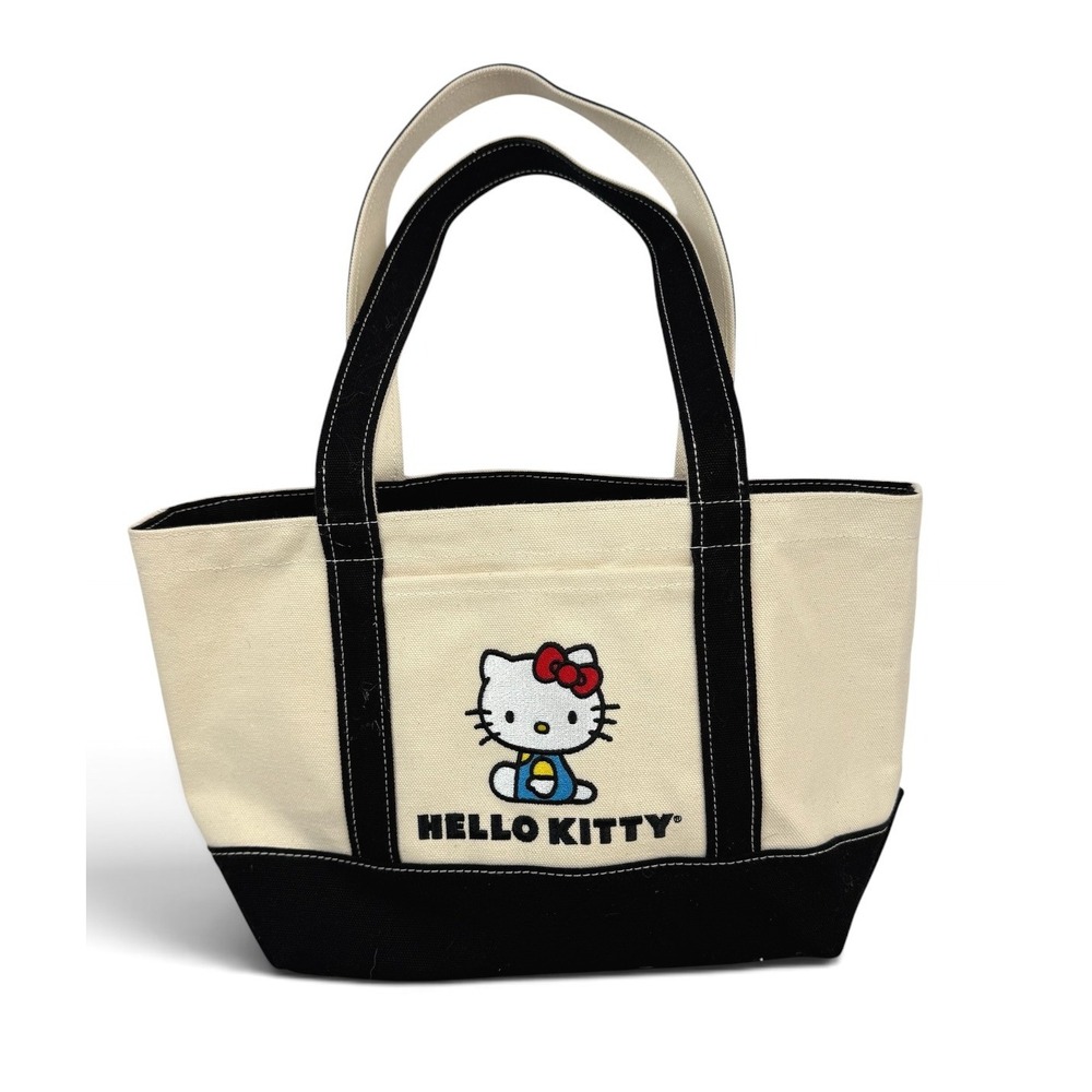 Hello Kitty Tote Bag Medium Cream Black Embroidered Canvas Sanrio Handbag